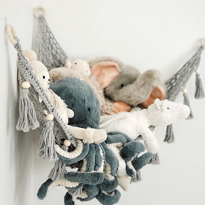 Macrame Toy Hammock for Stuffed Animals - Plush Toy Hammock, Grey Nursery Decor, Hanging Stuffed Animal Organizer, Pebble Grey