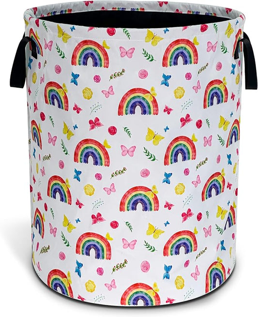 Rainbow Butterfly Laundry Basket Cartoon Oxford Cloth Laundry Hamper Funny With Handle Foldable Portable Clothes Storage Basket 18.9 X 16.5 In Storage Bag For Laundry Room/Bathroom/Bedroom/Dormitories