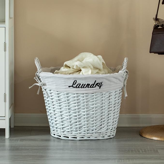 Wickerwise Handwoven Laundry Basket with Liner & Handles - Boho Decorative Storage Hamper for Clothes Blankets Pillows and Towels - Ideal for Laundry Room Bathroom Bedroom and Living Room, White