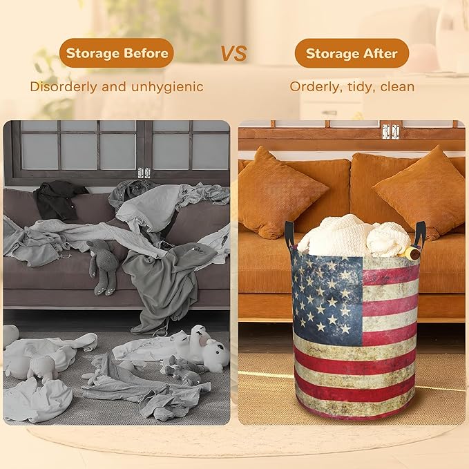 Laundry Basket,American Flag Laundry Hamper Retro Collapsible Organizer Basket,Toy Storage Bin Room Decor Gift Clothes Baskets,Bedroom Children Nursery Hamper 16x20 Inch