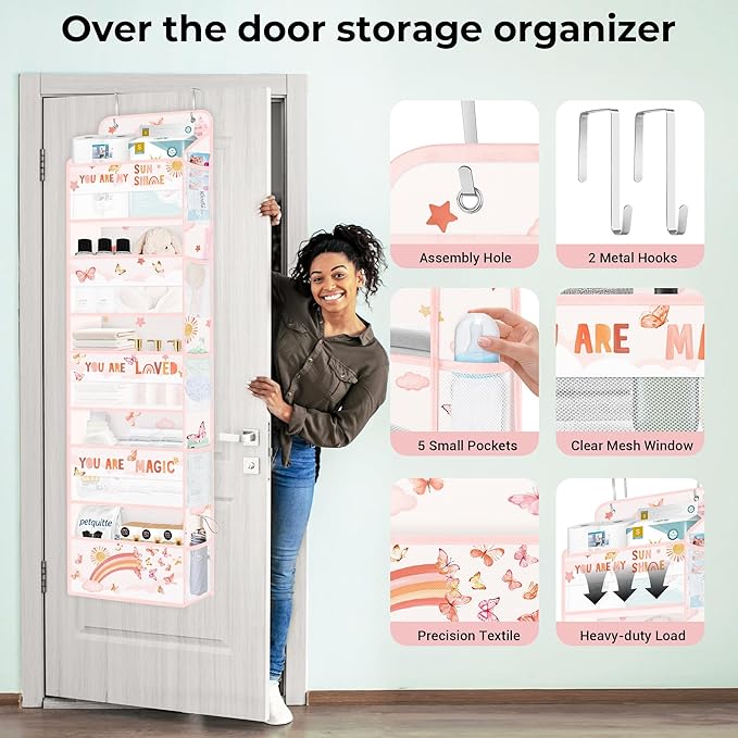 Clastyle Rainbow Over The Door Organizer Cloud Nursery Hanging Storage Organizer for Girls Clothes Diaper Toy Closet Door Hanging Shelf Storage for Bedroom Bathroom Pantry, Butterfly, 5-Tier