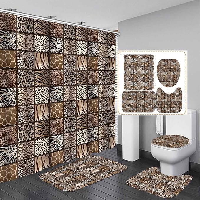 4PCS Black Brown Leopard Shower Curtain Sets with Rugs, Waterproof Fabric Shower Curtain, Patchwork Plaid Cheetah Giraffe Zebra Print Safari Wildlife African Animal Skin Modern Bathroom Decor