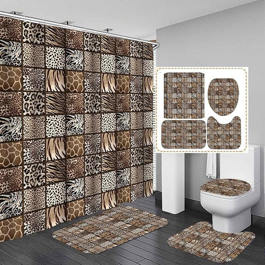4PCS Black Brown Leopard Shower Curtain Sets with Rugs, Waterproof Fabric Shower Curtain, Patchwork Plaid Cheetah Giraffe Zebra Print Safari Wildlife African Animal Skin Modern Bathroom Decor