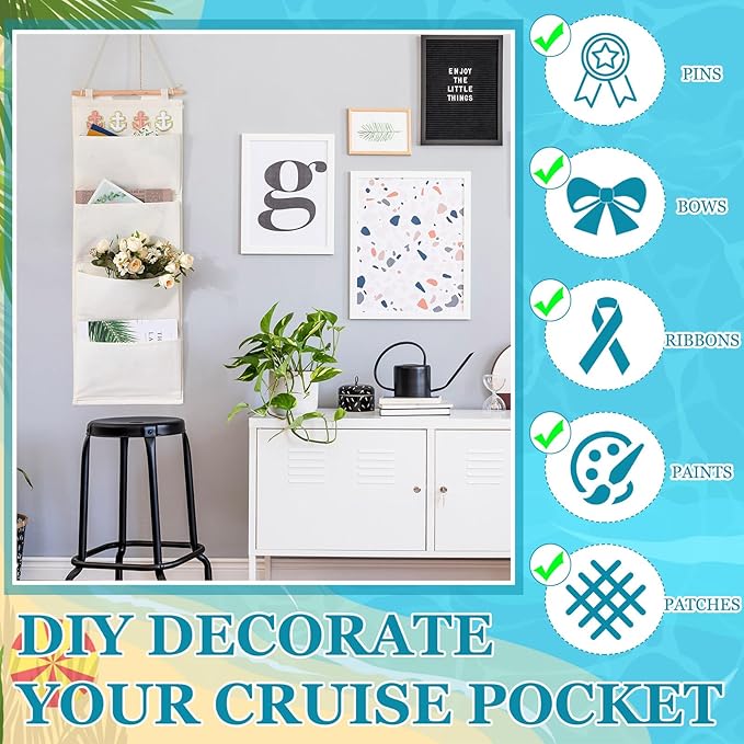 Fish Extender Cruise Gift Hanging Organizer with 4 Pockets and Iron on Anchor Patch Cabin Door Storage Bag 2026 Fe for Cruise Essentials Exchange Gift Pixie Dusting(Beige, Pink, White)