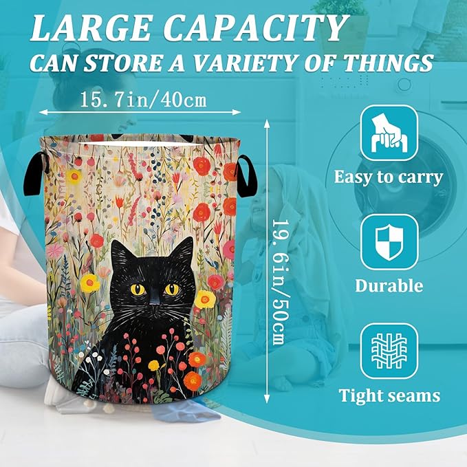Black Cat Laundry Basket, Flower Floral Laundry Hamper Foldable Waterproof Tote Bag Dirty Clothes Storage Bucket Toy Organizer for Bathroom/Laundry/Bedroom 15.7"x19.6"