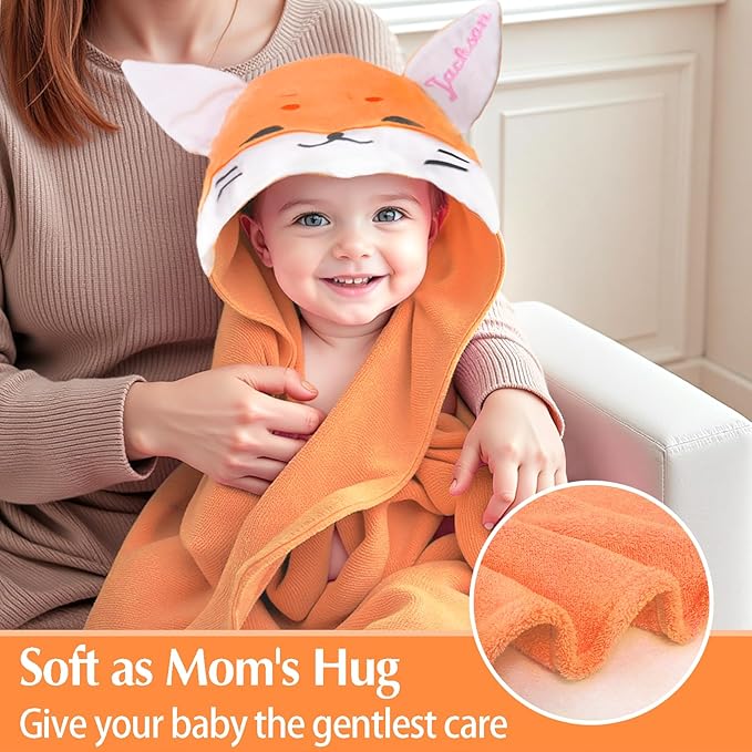 Baosity Custom Hooded Baby Towel with Name, Soft and Absorbent Customized Fox Toddler Towels, Baby Bath Towel for Boys and Girls, Easter Birthday Towel for Kids，Babies, Toddlers, Newborns Essential