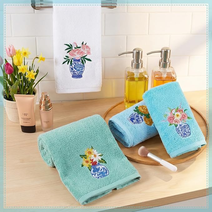4pcs Chinoiserie Vase Kitchen Towels 29" X 13" Blue and White Floral Porcelain Tea Towel Cotton Embroidered Bathroom Decorative Absorbent Dishcloths Hostess Housewarming Gift