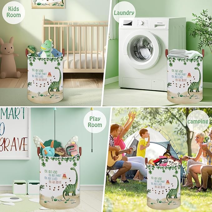 Dinosaur Nursery Decor Kids Laundry Basket Large Kid Storage Chest Trunk Woodland Stone Volcano Book Shelf Basket Collapsible Clothes Toy Bin for Baby Rectangle Hamper,45L(Green Dinosaur)