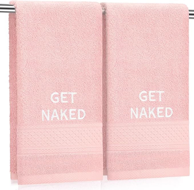 2 Pcs Get Naked Hand Towels 100% Cotton Embroidered Bathroom Pink Towel Modern Decorative Housewarming Gifts, Funny Bathroom Decor 29 x 13 Inch