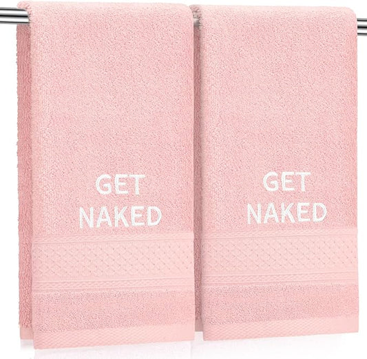 2 Pcs Get Naked Hand Towels 100% Cotton Embroidered Bathroom Pink Towel Modern Decorative Housewarming Gifts, Funny Bathroom Decor 29 x 13 Inch