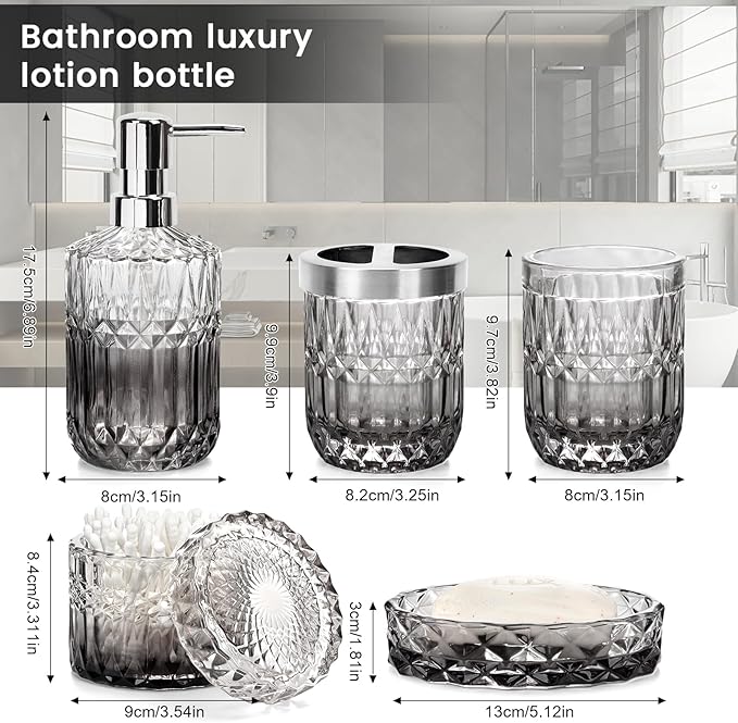 5-Piece Bathroom Accessory Set, Diamond Glass Bathroom Soap Lotion Dispenser, Toothbrush Holder, Tray, Jar, Tumbler, Luxury Vanity Organizer, Elegant Home Decor