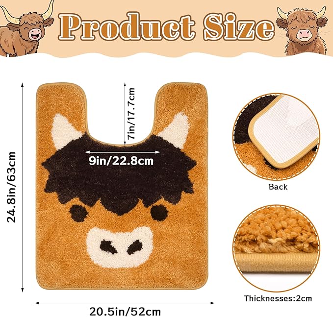 Highland Cow Toilet Rug - U Shaped Toilet Mat,Soft and Absorbent Bath Rug,Non Slip Toilet Bath Mat,Bathroom Contour Rug for Toilet Base(Highland Cow, 24" x 20")