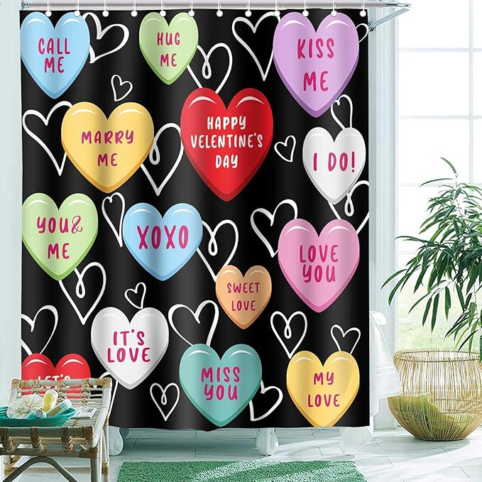 Happy Valentine Day Cute 72x72 Shower Curtain for Girls Love Me Kiss Me Red Black Love Hearts Romantic Shower Curtain Set Decor Bathroom Accessories Fabric Polyester Kid Bath Curtain with Hooks