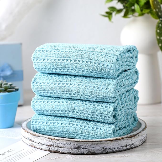 4 Pack Turquoise Kitchen Towels Waffle Striped Pattern 100% Cotton Soft Hand Towels for Bathroom 13 x 29 Inch Absorbent Waffle Washcloths for Bathroom Kitchen