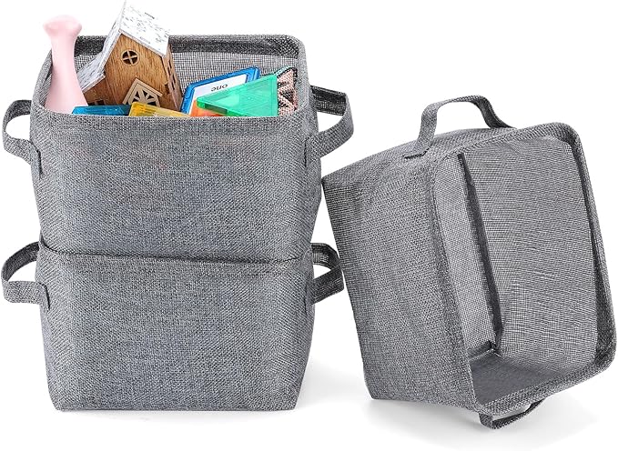 AARAINBOW Small Storage Basket Bins Canvas Mini Storage Cubes Storage Basket for Makeup, Baby Toys Liners, Books Nursery Storage Baskets with Handles for Shelves & Desks (3 Jute Gray)