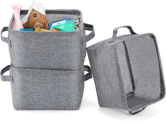 AARAINBOW Small Storage Basket Bins Canvas Mini Storage Cubes Storage Basket for Makeup, Baby Toys Liners, Books Nursery Storage Baskets with Handles for Shelves & Desks (3 Jute Gray)