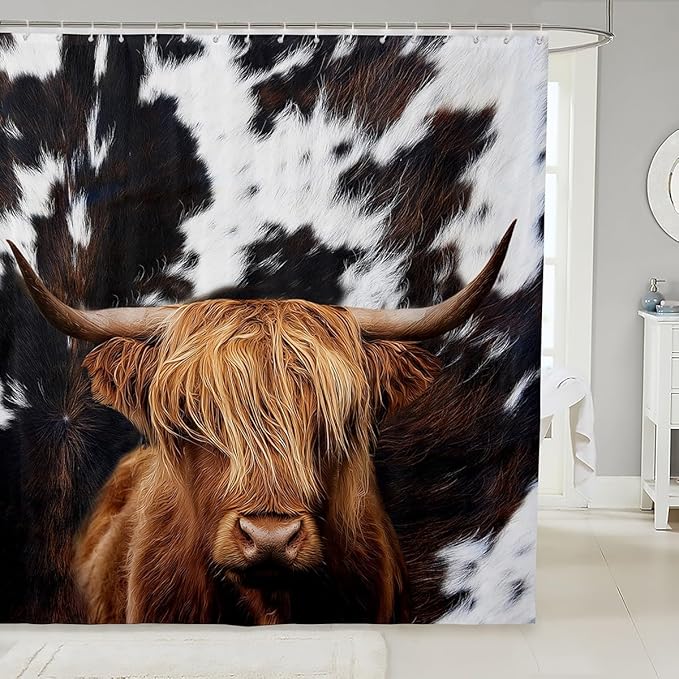 Highland Cattle Shower Curtains,Cow Fur Bathroom Curtains for Kids Teens Adult,Farmhouse Animals Cowhide Waterproof Bath Curtains,with 12 Hooks Suits for Bathtub, 72" W x 72" L,Black White Brown