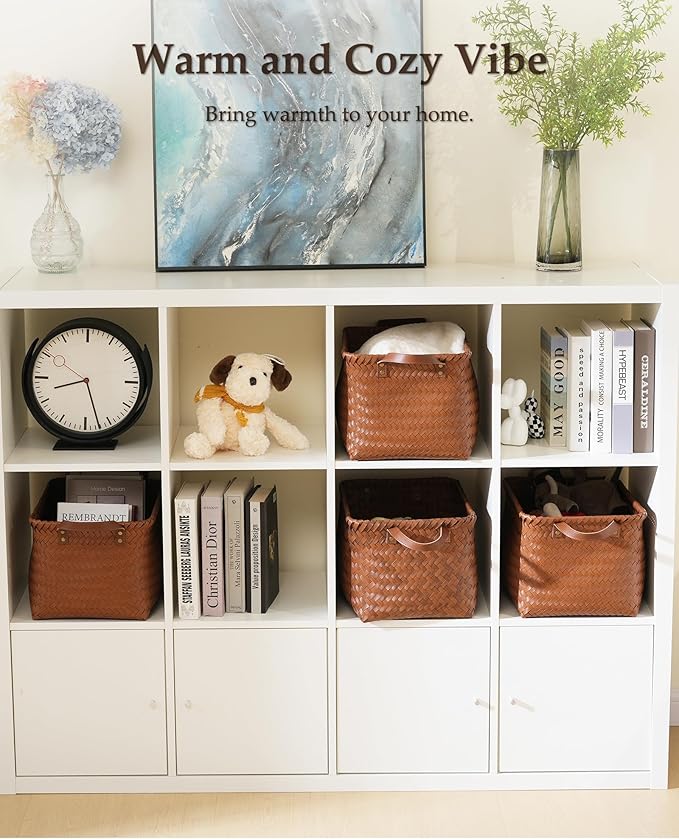 15x10x9 Woven Laundry Basket Hamper, Storage Basket for Clothes Blankets, 4-Pack Wicker Bin for Closet Shelves Bedroom Bathroom, Brown