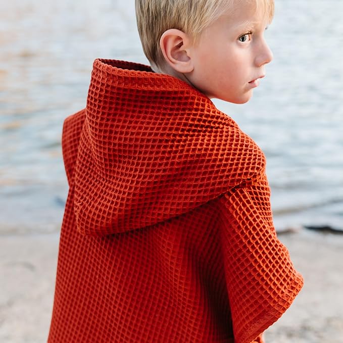 Jade&Kai Hooded Towel for Kids | Snaps into a Poncho | Organic Cotton Waffle | Lightweight and Absorbent | Bath, Beach, and Pool | Multiple Colors | (Large (6-10 Yrs), Toasted Acorn)
