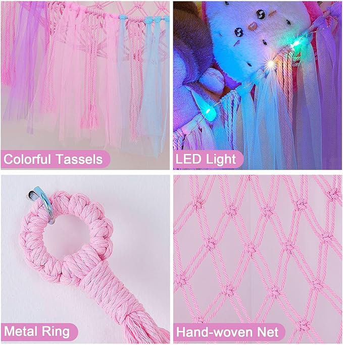 FIOBEE Stuffed Animals Net or Hammock with LED Light, Toy Hammock Hanging Stuffed Animals Storage Organizer Holder Room Décor for Nursery Kids Bedroom