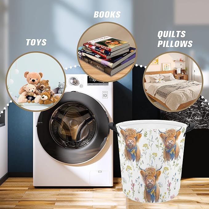 Highland Cow Laundry Basket Flower Foldable Oxford Cloth Funny Tote Bag Laundry Hamper Clothes Storage Bucket Organizer For Bathroom/Laundry Storage/Bedroom Storage Basket 17.7x13.7