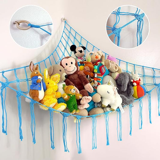 Large Stuffed Animal Hammock Corner - Stuffed Animal Storage - 100% Natural Cotton Macrame Stuffed Animal Net - Stuff Animal Organizer - Net For Stuffed Animals Corner Large-Blue