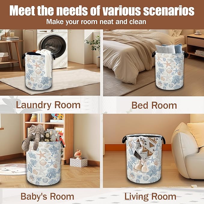 Seashells Starfish Laundry Basket,Waterproof Foldable Laundry Hamper,Dirty Clothes Basket, Linen Bin Storage Organizer Collection 16" x 20.8"