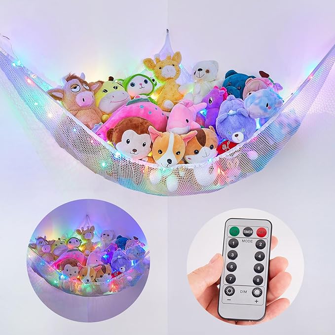 Basumee Stuffed Animals Net or Hammock with LED Light Hanging Toy Net Hammock for Stuffed Animals Storage Stuff Animals Hammocks for Nursery Room with Remote Control, 8 Kinds of Lights(Pack of 1)