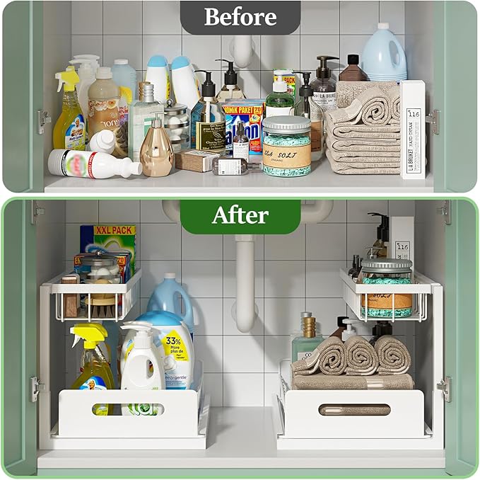 REALINN Under Sink Organizer, Pull Out Cabinet Organizer 2 Tier Slide Out Sink Shelf Cabinet Storage Shelves, Storage for Kitchen Bathroom, White, 2 Pack