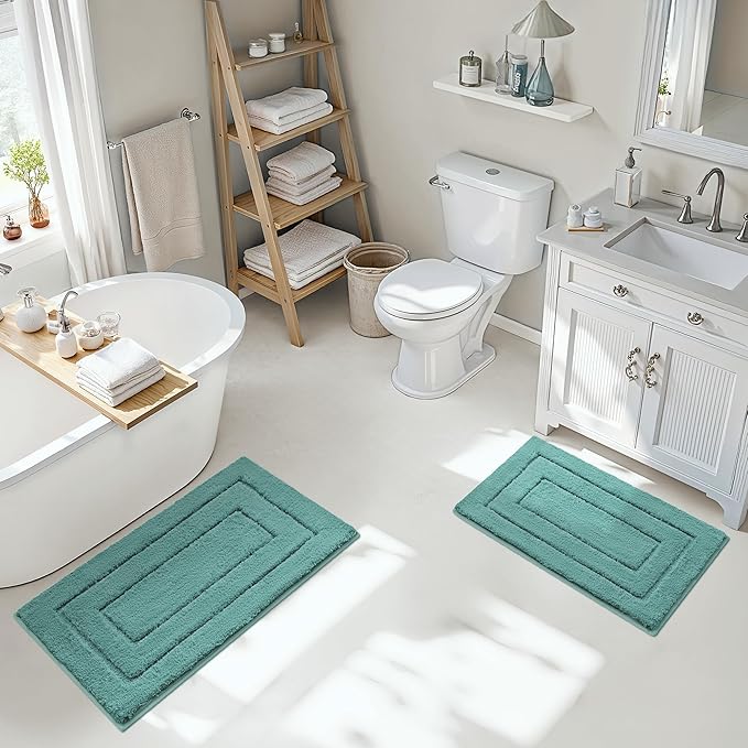 GRANNY SAYS Bathroom Rugs Sets 2 Piece, Soft Absorbent Microfiber Bath Mats for Bathroom Non Slip Washable, U-Shaped Toilet Bath Rugs for Tub Shower (Teal, 16" x 24" + 20" x 32")