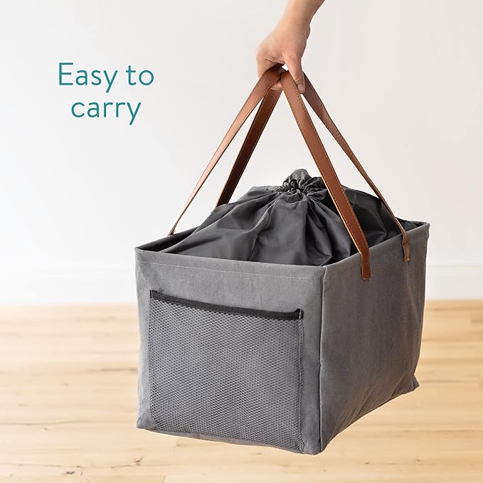 Navaris Collapsible Laundry Baskets - Set of 2 - Foldable Washing Hampers - Clothes Storage Bins with Fabric Drawstring Lid & Side Handles - Gray