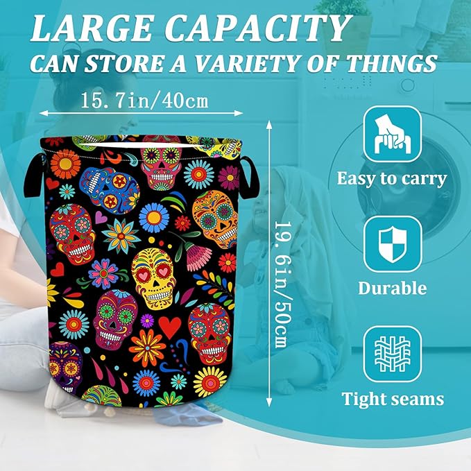 Sugar Skull Flower Laundry Basket, Foldable Waterproof Halloween Laundry Hamper Funny Tote Bag Dirty Clothes Storage Bucket Toy Organizer for Bathroom/Laundry/Bedroom 15.7"x19.6"