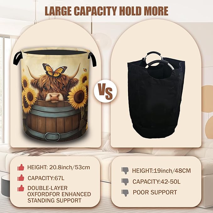 Highland Cow Laundry Hamper,Sunflower Butterflies Collapsible Laundry Baskets Waterproof Oxford Cloth With Handles,Clothes Storage Bucket Toy Organizer For Bathroom/Nursery/Bedroom 16" x 20.8"