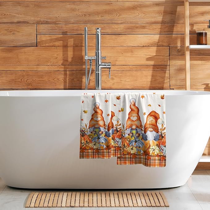 Hello Fall Gnome 2-Piece Autumn Maple Leaves Pumpkins Hand Fingertip Towels Orange White Buffalo Plaid Highly Absorbent Towels for Bathroom Kitchen SPA Gym 14"x28"