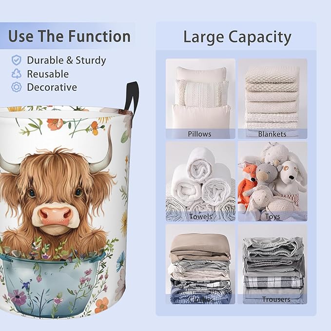 Laundry Basket, Dirty Clothes Basket, Foldable Waterproof Oxford Cloth Storage Basket for Bedroom, Bathroom, Clothes,Large Storage Basket Home Decoration(Cute Highland Cow Animal)