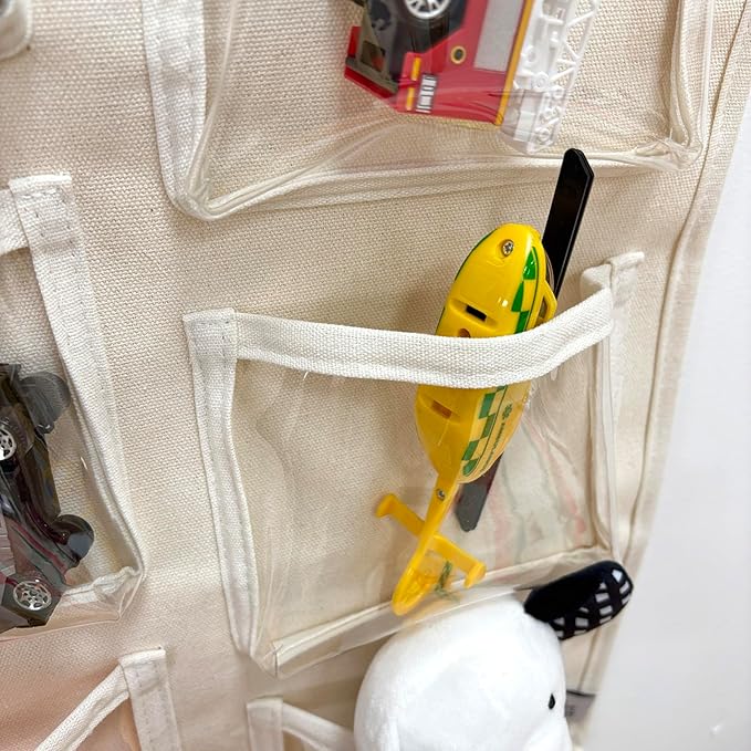Beige Canvas Wall Organizer: 6 Clear Pockets for Mail & Supplies + 2 Hooks, Multi-Purpose Hanging Storage for Home or Office