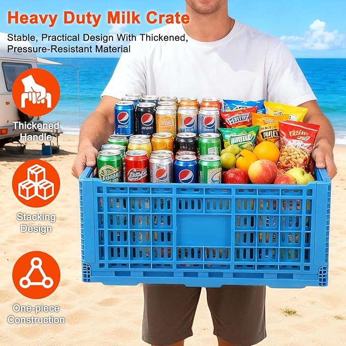 Collapsible Milk Crate, 1 pck 72L(19GAL) Stackable Storage Bins, Heavy Duty Storage Crates, Plastic Crates for Grocery, Warehouse Organization - Extra Large, Holds 130 lbs Per Bin
