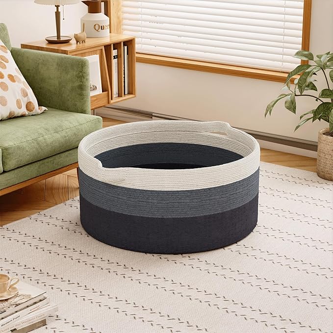 125L Extra Large Blanket Basket, 25" x 16", Jumbo Laundry Woven Cotton Rope Basket with Handles, Baby Toy Storage, Gradual Blue
