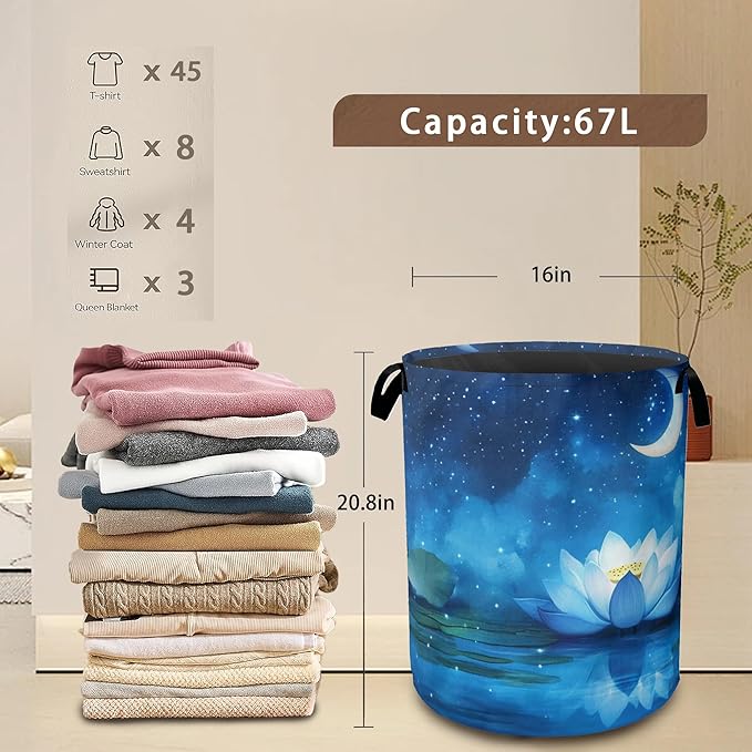 Waterlily Moon Laundry Hamper,Collapsible Laundry Baskets,Starry Night Dirty Clothes Baskets with Handles,Oxford Cloth Hamper for Bedroom,Bathroom,College Dorms, 16"x20"