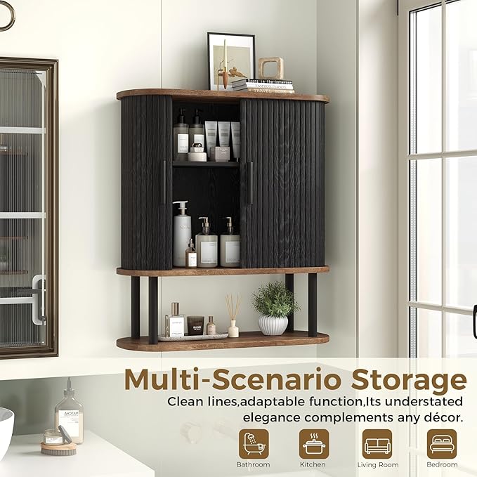 Bathroom Wall Cabinet, Over The Toilet Cabinet with Sliding Doors and Adjustable Shelf, Space Saver, Wall Mounted Medicine Cabinet for Laundry Room & Kitchen & Living Room, Black