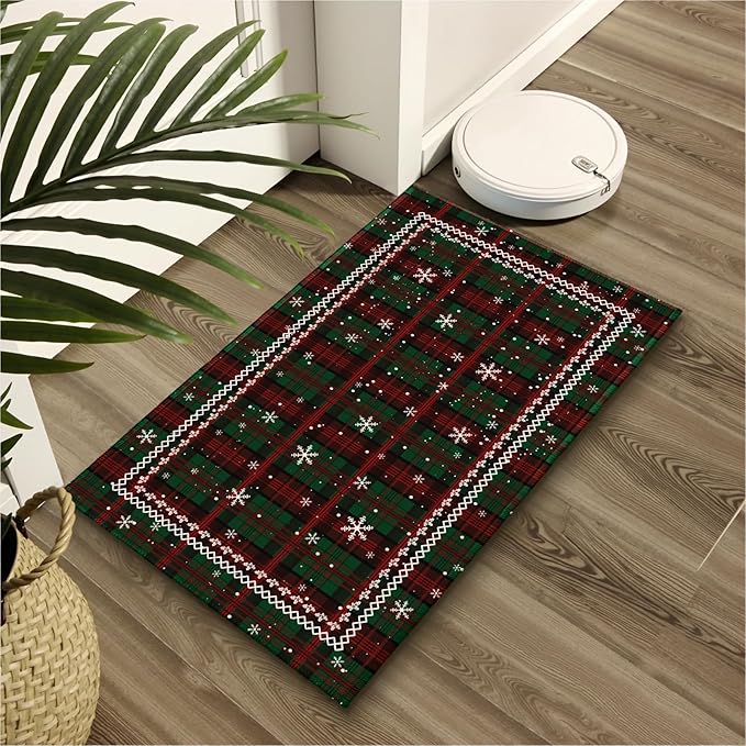 Green Christmas Bath Rug Xmas Red Green Buffalo Plaid Snowflakes Bathroom Mat Extra Soft Rug 20X32 Inch Plush Non Slip Absorbent Holiday Doormat for Bathroom Entryway Living Room