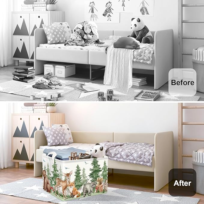 Forest Animals Baby Laundry Hamper Collapsible Clothes Kids Storage Basket Bear Fox Large Boys Girls Gift Toy Box Bin for Nursery, Deer, 36L