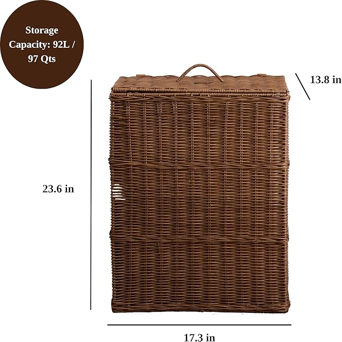Joseph Rectangular Laundry Basket with Lid – Resin Wicker Hamper for Bedroom or Bathroom, Espresso Brown, 17"x24"