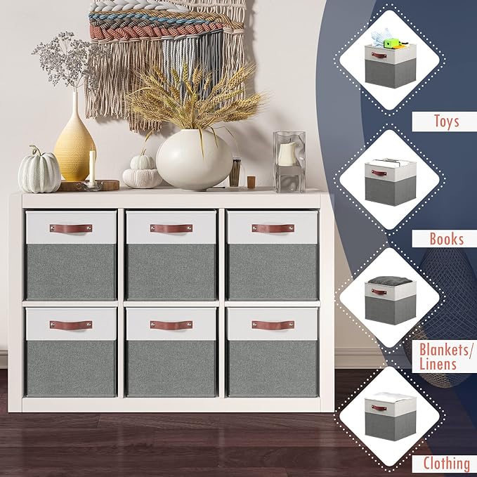 Ornavo Home 11 x 11 Storage Cube Bins, Foldable Collapsible Fabric Storage Bins Box Linen Shelf Basket Cube Organizer for Closet with Leather Handles, 6 Pack, White/Gray
