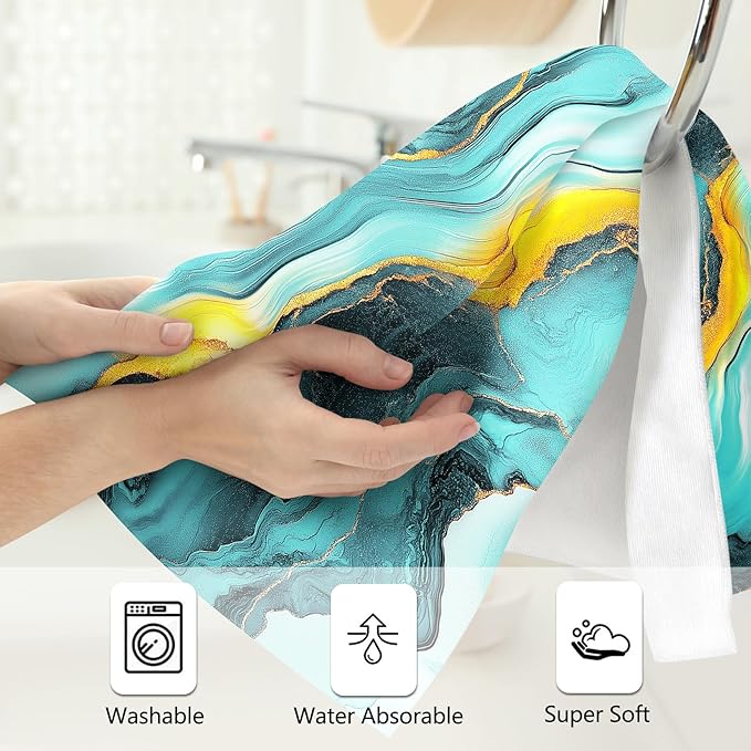 Green Teal Gold Bath Hand Towels Set of 2 Soft Absorbent Abstract Marble Texture Decorative Bathroom Hand Towels for Bathroom Kitchen Home Spa Hotel Yoga Farmhouse Decor
