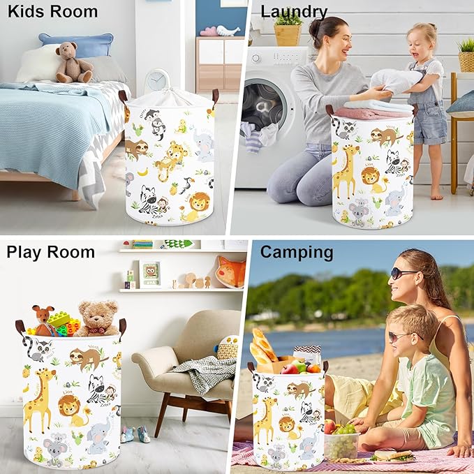 Clastyle Large Alphabet Animal Hamper for Nursery Kid Room Giraffe Lion Boy Girl Laundry Basket with Handle Elephant Collapsible Zebra Clothes Toy Storage Basket with Lid