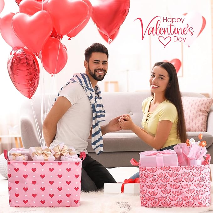 Youyole 6 Pcs Galentine's Day Gifts Basket Set Valentine's Day Storage Bins Pink Heart Empty Gifts Basket Organizer with Love Pattern Valentine Decorative Container Box with Handle for Closet Shelf