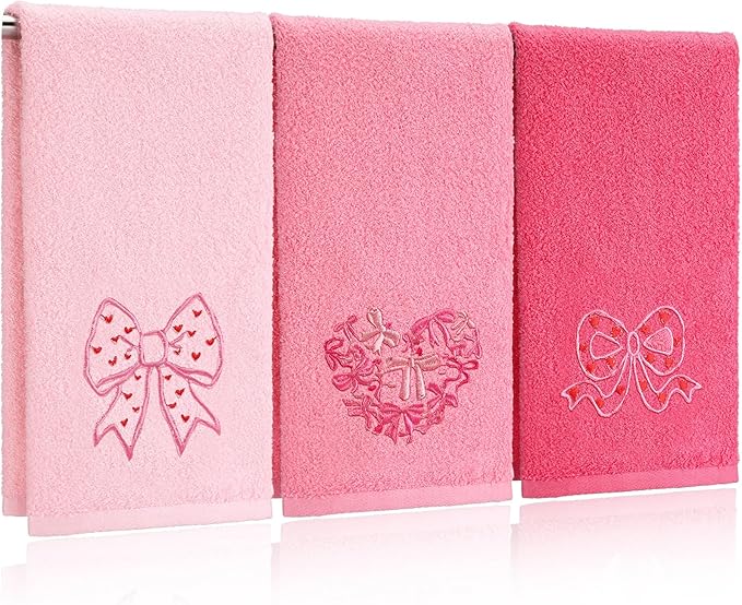 3 Pack Pink Bow Valentine's Day Hand Towels 13.4 x 29.2 Inch Cotton Embroidered Valentines Heart Bathroom Towel Absorbent Valentines Kitchen Decor for Hand Drying Cleaning Gift