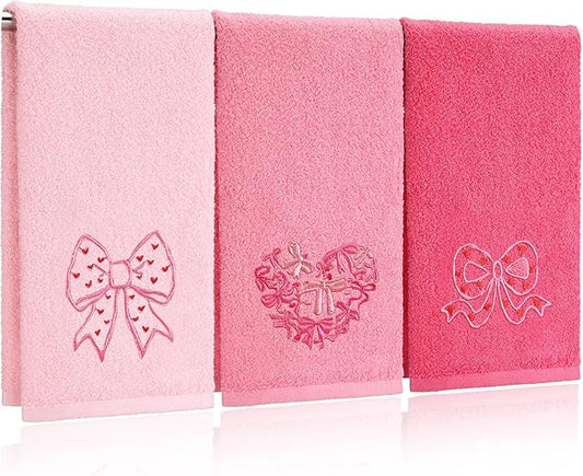 3 Pack Pink Bow Valentine's Day Hand Towels 13.4 x 29.2 Inch Cotton Embroidered Valentines Heart Bathroom Towel Absorbent Valentines Kitchen Decor for Hand Drying Cleaning Gift