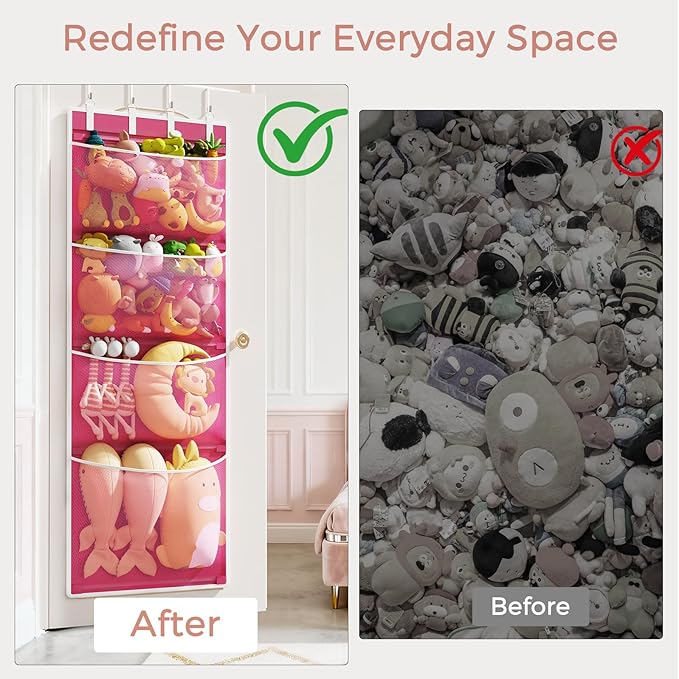 Criusia Over the Door Hanging Organizer, Extra-Large Door Storage Organizer with 4 Deep Mesh Pockets, Space-Saving Hanging Storage for Bedroom & Home Organization, Pink